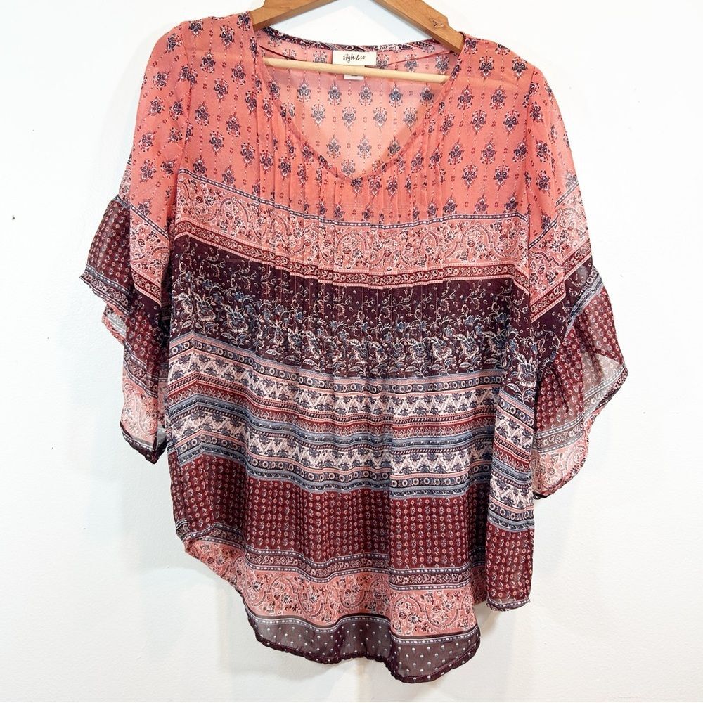 Style & Co. Women's Sheer Blouse in Peach and Maroon Flutter Sleeves Bohemian